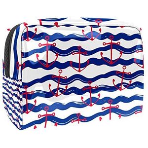 Make-uptas PVC toilettas met ritssluiting waterdichte cosmetische tas met rood schip anker blauwe golf strepen voor vrouwen en meisjes
