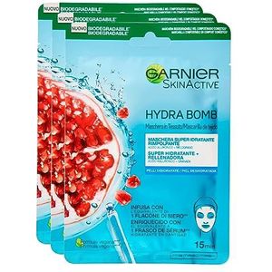 3 x Garnier SkinActive Hydra Bomb gezichtsmasker van zeer vochtinbrengende en vullende stof met granaatappel en hyaluronzuur
