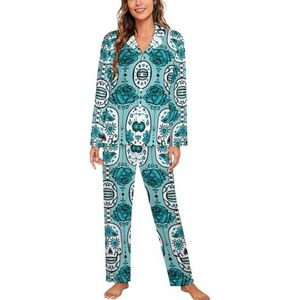Skull Turquoise vrouwen lange mouw button down nachtkleding zachte nachtkleding lounge pyjama set M