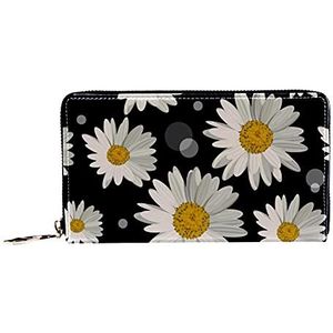 Vrouwen Zip Rond Portemonnee en Telefoon Clutch, Madeliefje Zwart Bloemenpatroon, Reistas Lederen Clutch Bag Kaarthouder Organizer Polsbandjes Portefeuilles, Meerkleurig, 8.07x1x4.53 in