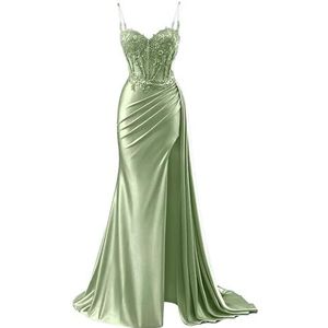 KURFACE Satijnen galajurken voor dames met split kant applicatie spaghettibandjes beroemdheden optocht jurk formele jurk, Sage Groen, 32