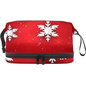 Grote capaciteit reizen cosmetische tas, kerst rode achtergrond met 3D-stijl papieren sneeuwvlokken, make-up tas, waterdichte make-up tas organisator, Meerkleurig, 27x15x14 cm/10.6x5.9x5.5 in