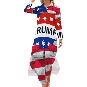 USA Flag And Trump lange mouw maxi shirt jurken voor vrouwen casual V-hals knop blouses 3XL