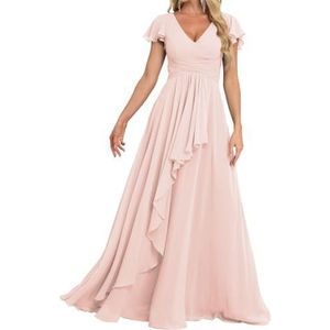 Prinses Bruidsmeisjes Jurken Flutter Mouw Galajurken Chiffon Formele Avondfeest Maxi Jurk met Split ZM189, Blozen B, 32