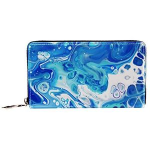 Vrouwen Zip Rond Portemonnee en Telefoon Clutch, Abstracte Kunst Acryl Blauw Marmeren Textuur, Reistas Lederen Clutch Bag Kaarthouder Organizer Polsbandjes Portefeuilles, Meerkleurig, 8.07x1x4.53 in