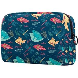 Meisje cosmetische tassen vrouwen make-up tas toilettas organizer etui met rits 7.3x3x5.1 inch kleurrijke doodle kikker vis libel blauw