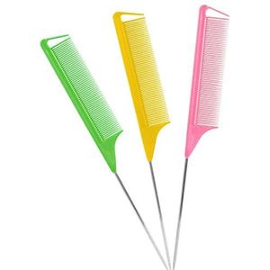 Rat Tail Combs Afscheid Kam: 3 Stks Rat Tail Comb Set, Lange Stalen Pin Rat Tail Plagen Kam, Haarkammen voor Salon Haar Stylist, Staart Kammen Metaal, Scheiding Kammen voor Vrouwen (Groen|Geel|Roze)