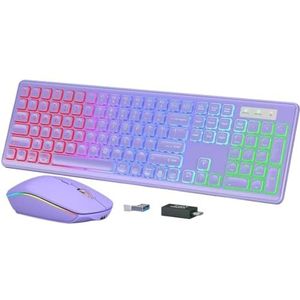 QPSJXN Oplaadbare draadloze toetsenbord- en muisset met 2,4 G-connectiviteit en verlicht type C-design voor computer en laptop (paars)