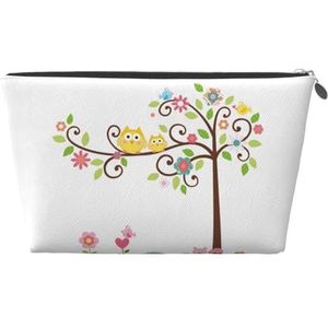 FZGGWYHL Leuke Cartoon Uil Boom Bloemen En Eekhoorn Gedrukt Lederen Reizen Toilettas Zip Cosmetische Tas Reizen Organizer, Zilver, Eén maat