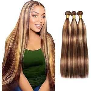 Salharer Straight Human Hair Bundles 3 Extension 50g/Per Machine Double Wefts Unprocessed Remy Weave Highlight Blonde Color for Woman 26 28 30 Inch