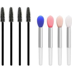 4 mini-lippenborstels en 4 wimperborstels, lippenkwasten, make-upkwasten, lippenstiftapplicatoren, siliconen lippenborstels