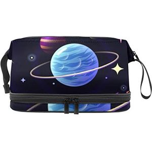 Grote capaciteit reizen cosmetische tas,Make-up tas,Waterdichte make-up tas Organizer, ruimte achtergrond glanzende planeten, Meerkleurig, 27x15x14 cm/10.6x5.9x5.5 in