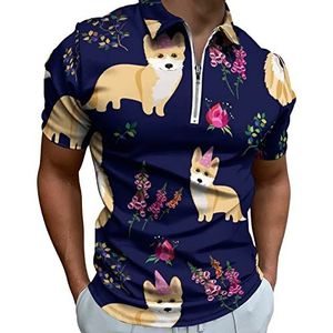 Corgi's Dog Poloshirt voor heren, met ritssluiting, casual korte mouwen, golftop, klassieke pasvorm, tennisshirt
