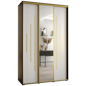 MEBLE KRYSPOL Davos 13 150 Kledingkast met drie schuifdeuren voor slaapkamer - Moderne Kledingkast met spiegel, kledingroede en planken - 235,2x150x45 cm - Zwart Wit Goud