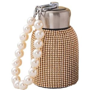 EZERKI Bling Diamond Waterfles Roestvrijstalen Thermoskan, 300 ml Lekvrije Geïsoleerde Thermische Fles met Parelketting, Cadeau voor Dames Meisjes,Goud,300ml