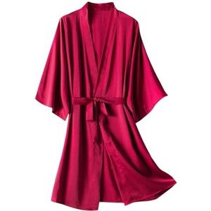 Badjas Kamerjas Satijnen Badjas Voor Dames, Effen Kleur, Badjassen Met 3/4 Mouwen, Comfortabele Kimono-gewaden, Pyjama's Badjas Lichtgewicht(Rot,XL)