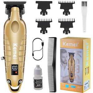 KEMEI 2293 Professionele haar-/baardtrimmer voor mannen, Zero Gapped tondeuse voor kappers met T-mes, snoerloos, oplaadbaar, goudkleurig