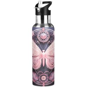 Artistieke horoscoop vlinder roze waterfles geïsoleerde grote 1L roestvrij staal sport vacuüm fles met rietje lekbestendig voor reizen koffie