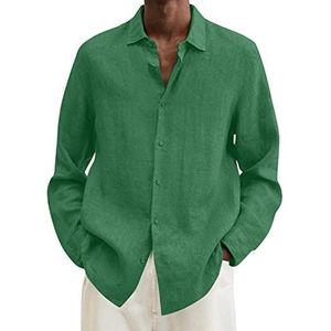 Heren shirts met lange mouwen, strand zomer shirts met zak katoen effen kleur zak lange mouw shirt top jurk shirts strand bruiloft shirts, Groen, S