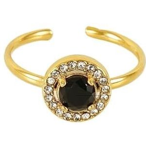 Damesbloemring roestvrij staal liefde vierkant dubbellaags diamant 18K ring live mond verstelbare zirkoonring (Color : Circular [Black]_Adjustable)