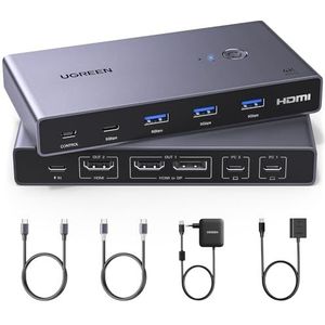 UGREEN USB-C KVM Switch 2 PC 2 monitoren, USB C Switch 2 in 1 uit, USB C Switch met 4 USB 3.0 poorten, 4K@60Hz, 2 laptops delen twee monitoren toetsenbord met PD100W voedingseenheid