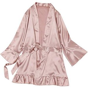 WOZOW Dames kant lingerie nachtkleding ondergoed pyjama badjas satijn badjas slaapkamer kimono dames uitgang bad babydoll jurk, Roze, L