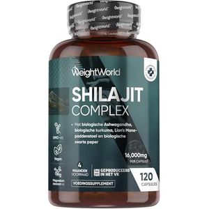Shilajit Complex - 16.000 mg Shilajit-extract (40:1) - Met Lion's Mane, Biologische Ashwagandha, Kurkuma en Zwarte Peper - 120 vegan capsules voor 4 maanden - Natuurlijke ingrediënten - WeightWorld