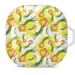 Geel knoflookpatroon oordopjes hoesje compatibel met Samsung harde beschermhoes witte stijl