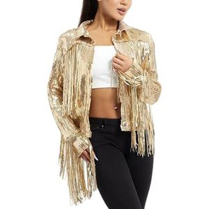 WLLDDDIU Dames Bolero Elegant Vest, Vrouwen Sparkly Sequin Jacket Lange Mouw Glanzende Glitter Kwastje Fringe Bomberjack Open voorkant Sequin Fringe Disco Jas Cover-Ups Party Festival Outfit Goud M