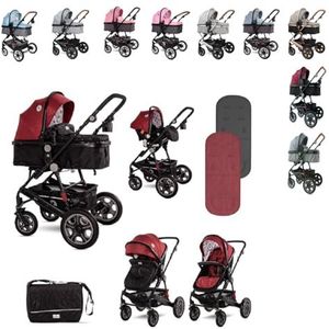 Lorelli Lora 3-in-1 combi-kinderwagen, draagtas, sportstoel, voetafdekking, kleur: rood