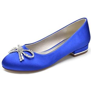 Satijnen Bruidsschoenen Dames Platte Ronde Neus Ballet Flats Slip on Trouwjurk Sandalen Met Strass,Blauw,36 EU