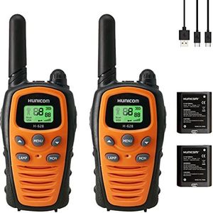 Walkietalkie voor volwassenen, radio met groot bereik, PMR, VOX, handsfree, 5 km bereik, met zaklamp, led-achtergrondverlichting (oranje + oplaadbare batterij)