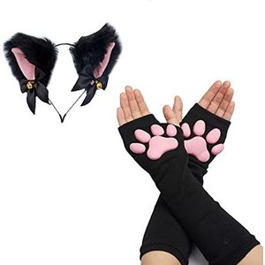 SIROLISA Schattig kattenpootkostuum, Kawaii kat cosplay Kawaii zachte 3D tenen bonen vingerloze kat klauw poten cosplay set voor vrouwen (zwarte lange handschoenen+oren)