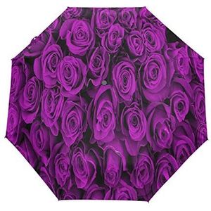 BIGJOKE Vouwen Auto Open Sluit Paraplu Paars Rose Bloemenpatroon Winddicht Reizen Lichtgewicht Anti-UV Beschermende Regen Paraplu Compact voor Jongens Meisje Mannen Vrouwen