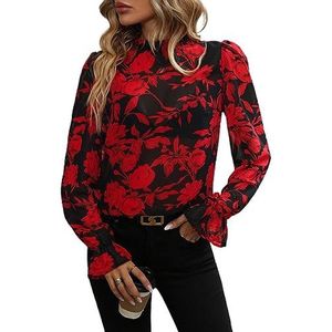 dames topjes Bloemenprint blouse met uitlopende mouwen, opstaande kraag, ruches, elegante top met lange mouwen (Color : rood, Size : X-Small)