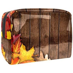 Draagbare make-up tas met rits reizen toilettas voor vrouwen handige opslag cosmetische zakje herfst esdoornblad hout