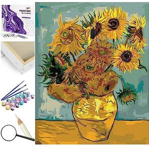 ARTNAPI Schilderen op nummer, voor volwassenen en kinderen, set met frame, 40 x 50 cm (zonnebloemen (Van Gogh), doe-het-zelf olieverfschilderij op canvas, zeer grappig en ontspannend, anti-stress, leren schilderen