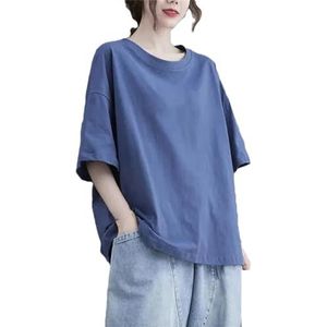 Dames zomer vintage losse all-match korte mouw O-hals effen blouses tops dames mode eenvoudige T-shirts, Denim Blauw, M