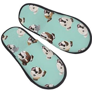 BONDIJ Engelse Bulldog gezichten print pantoffels zachte pluche huispantoffels warme instappers gezellige indoor outdoor slippers voor vrouwen, Zwart, one size