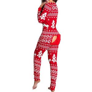 Guiran Damespyjama uit één stuk met diepe V-hals, knoopsluiting, overall, pyjama, turnpakje, jumpsuit, Kerstboom, M