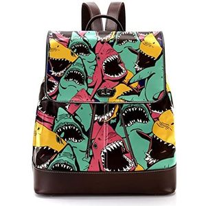 Gepersonaliseerde casual dagrugzak tas voor tiener reizen business college vreselijke haai groen roze geel patroon, Meerkleurig, 27x12.3x32cm, Rugzak Rugzakken
