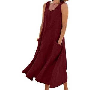 HHuiXinXue Mouwloze maxi-jurk voor dames, zomer, effen kleuren, linnen, lange jurk, modieus, vloeiende, etno-jurk met zakken, Rood, XL