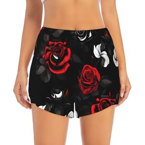 Yyoretp Zwart Wit en Rode Rozen Print Vrouwen Atletische Zweet Korte Zomer Dubbellaags Casual Workout Shorts met Liner, Zwart, S