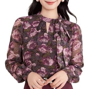 ROUZIHU Staande kraag bloemen chiffon overhemd woon-werkverkeer stijlvol lange mouw dames overhemd(Purple,XXL)