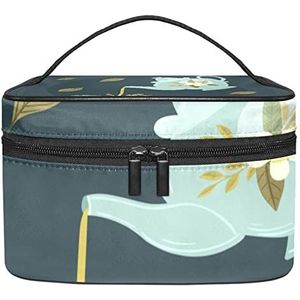 Draagbare Make-up Tas Reizen Cosmetische Zakken Voor Vrouwen Meisjes Rits Pouch Case Organizer Traditionele Chinese Theepot Theekopje, Meerkleurig, 22.5x15x13.8cm/8.9x5.9x5.4in