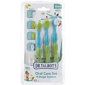 Dr. Talbot's Mondverzorgingsset met standaard; 4-traps systeem met 1 siliconen vingermassager, 2 massageborstels, 1 zachte nylon borstel peutertandenborstel; 0+ maanden, blauw en aqua