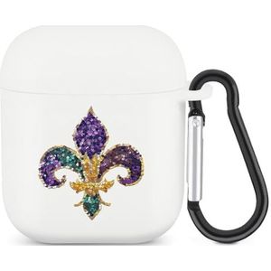 Pailletten Mardi Patroon Gras-Fleur-De-Lis Leuke Case voor AirPods 2&1 Schokbestendige Beschermende Hoofdtelefoon Gevallen Cover Met Sleutelhanger voor Mannen Vrouwen