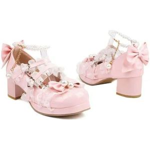 Schattige Lolita-schoenen voor dames met parels, veters, kant, enkelriem, lakleer, Mary Jane, platform, dikke hak, feeststrikpumps, roze, 39 EU