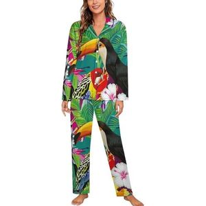 Tropische vogel toekan, papegaai, hop en palmbladeren lange mouwen pyjama sets voor vrouwen klassieke nachtkleding nachtkleding zachte pyjama sets lounge sets