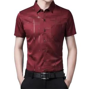 Dvbfufv Mannen Mode Korte Mouw Print Knopen Formele Shirt Mannelijke Bruiloft Enkele Breasted Turn-Down Kraag Slanke Shirt Tops, Rood, M